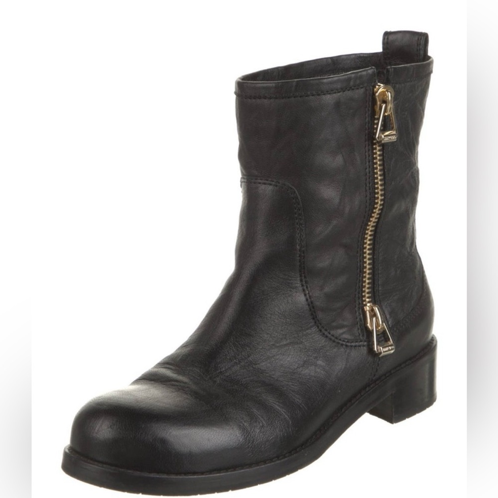 Jimmy Choo Black Leather Moto Boots with Gold Zipper